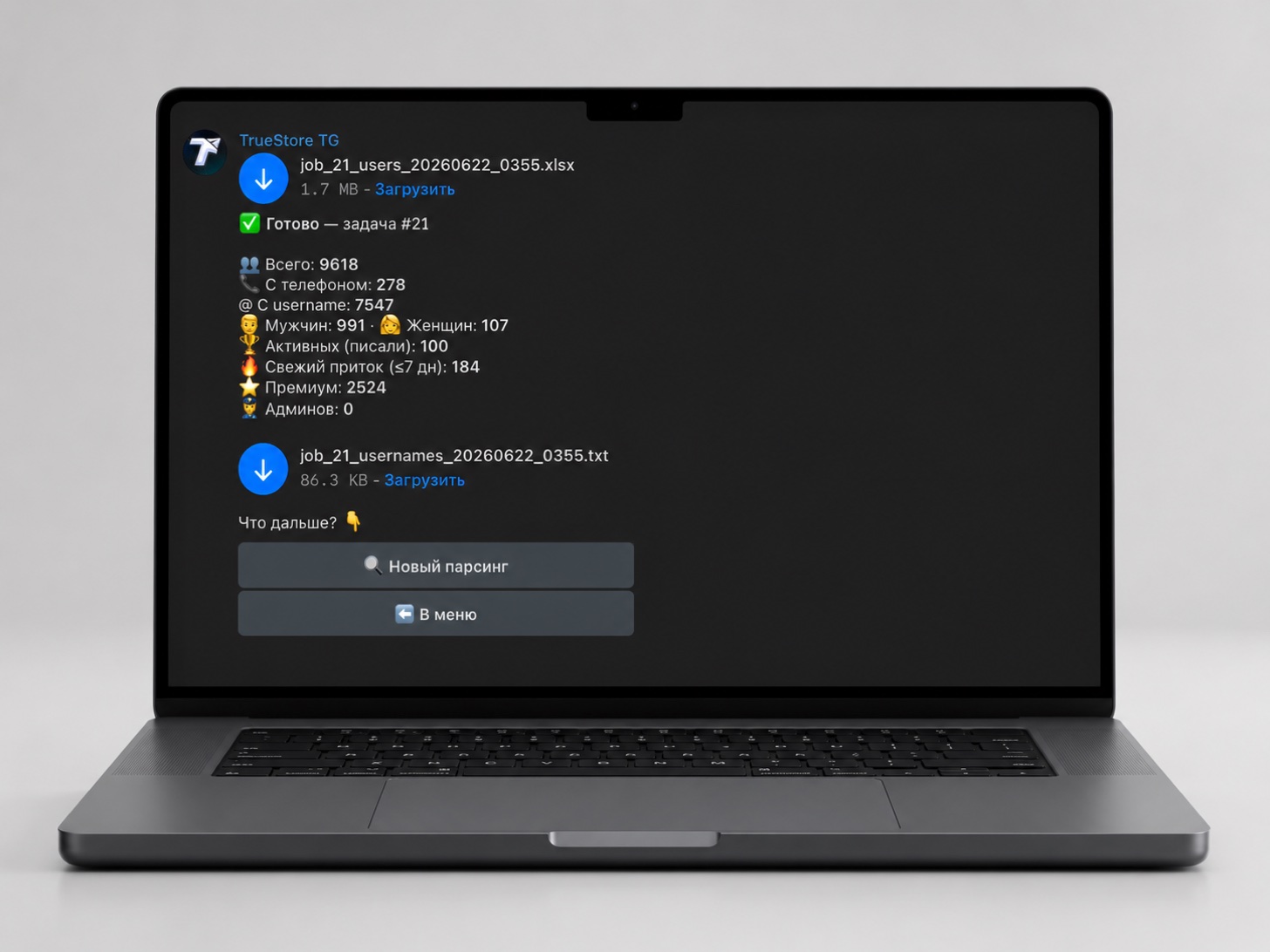 Готовая база в боте TrueStore: XLSX и TXT на скачивание плюс разбивка — всего 9618 контактов, с телефоном 278, с username 7547, премиум 2524